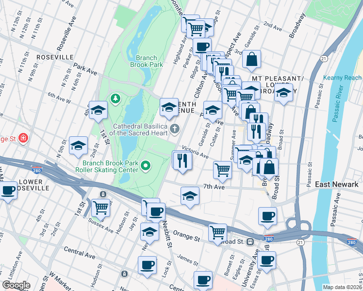 map of restaurants, bars, coffee shops, grocery stores, and more near 115 Clifton Avenue in Newark
