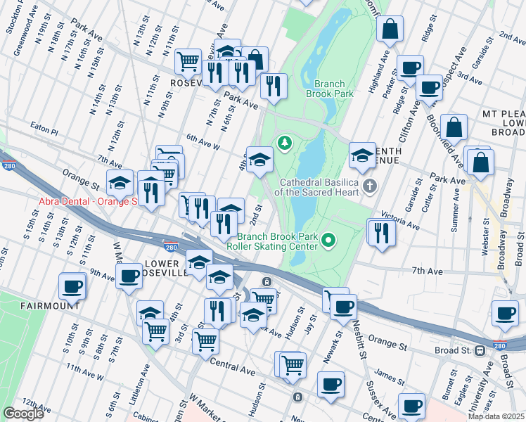 map of restaurants, bars, coffee shops, grocery stores, and more near 301 7th Avenue in Newark