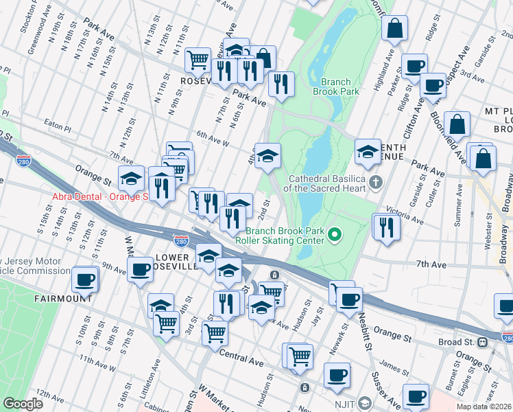 map of restaurants, bars, coffee shops, grocery stores, and more near 301 7th Avenue in Newark