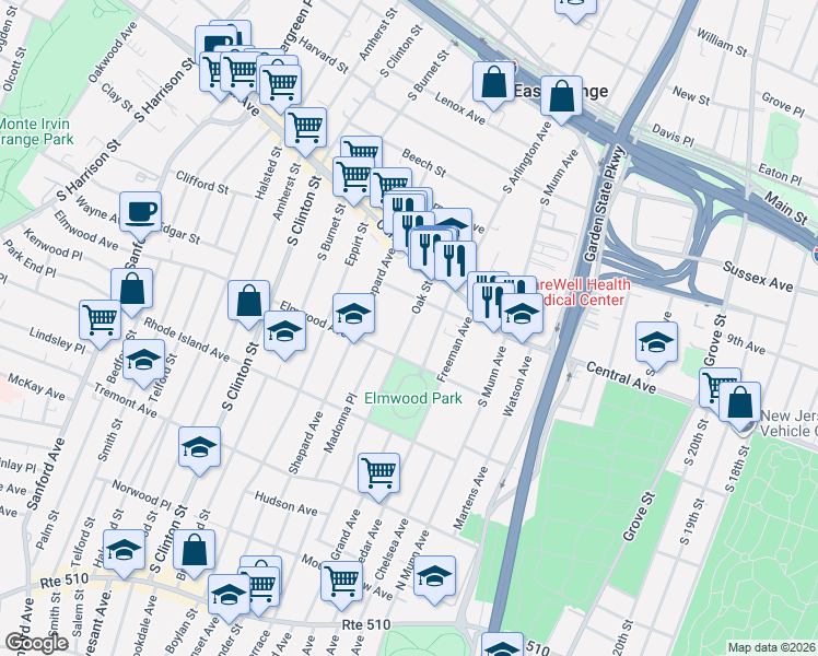 map of restaurants, bars, coffee shops, grocery stores, and more near 64 Oak Street in East Orange