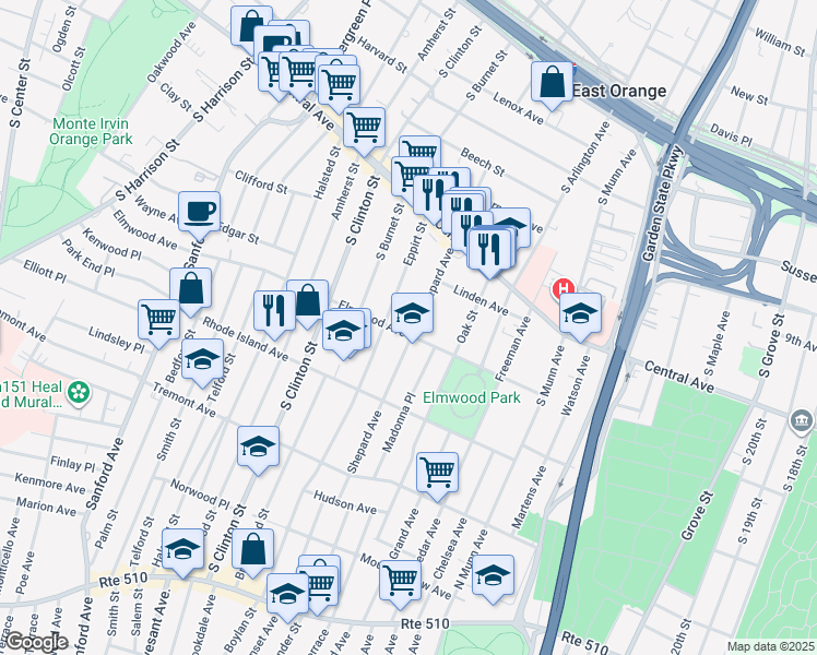 map of restaurants, bars, coffee shops, grocery stores, and more near 135 Elmwood Avenue in East Orange