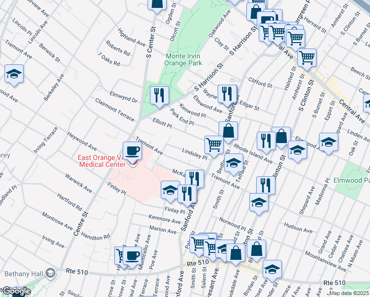map of restaurants, bars, coffee shops, grocery stores, and more near 59 Lindsley Place in East Orange