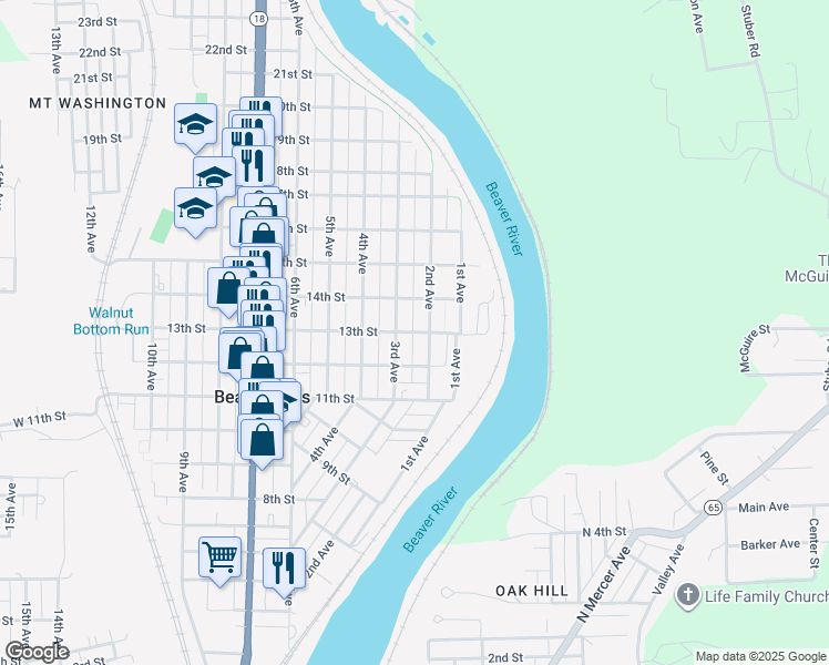 map of restaurants, bars, coffee shops, grocery stores, and more near 1217 2nd Avenue in Beaver Falls