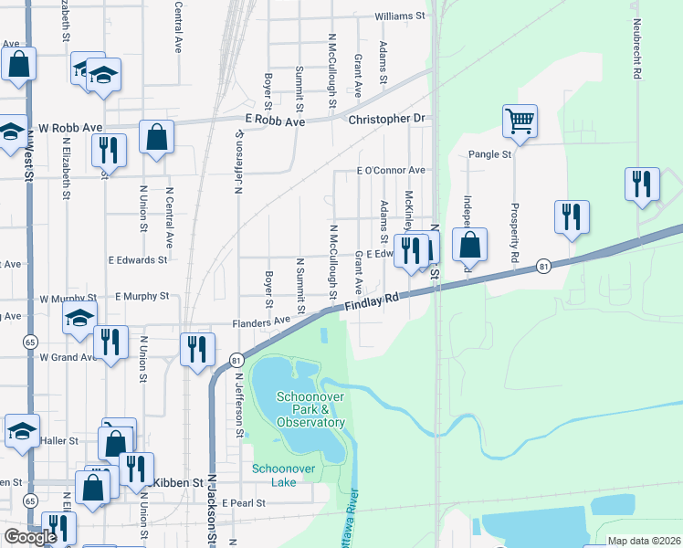 map of restaurants, bars, coffee shops, grocery stores, and more near 1013 N McCullough St in Lima