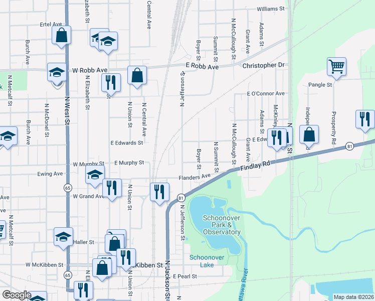map of restaurants, bars, coffee shops, grocery stores, and more near 1001 North Jefferson Street in Lima