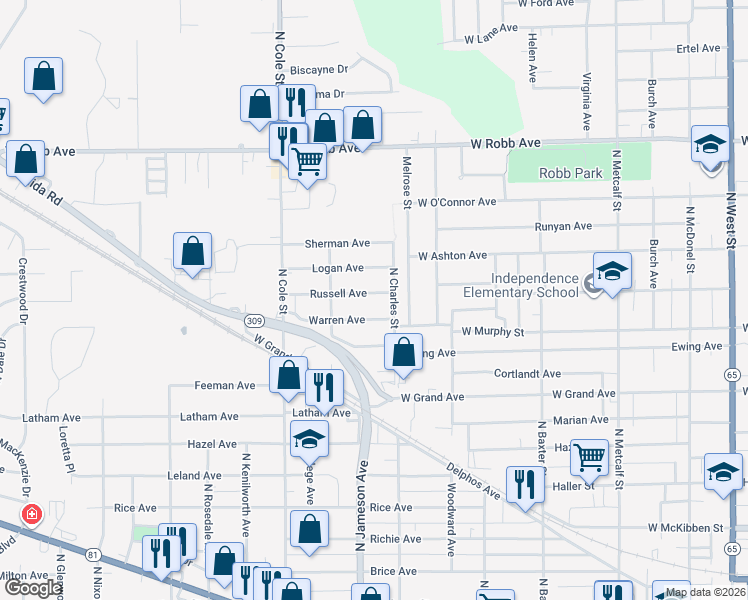 map of restaurants, bars, coffee shops, grocery stores, and more near 1020 Warren Avenue in Lima