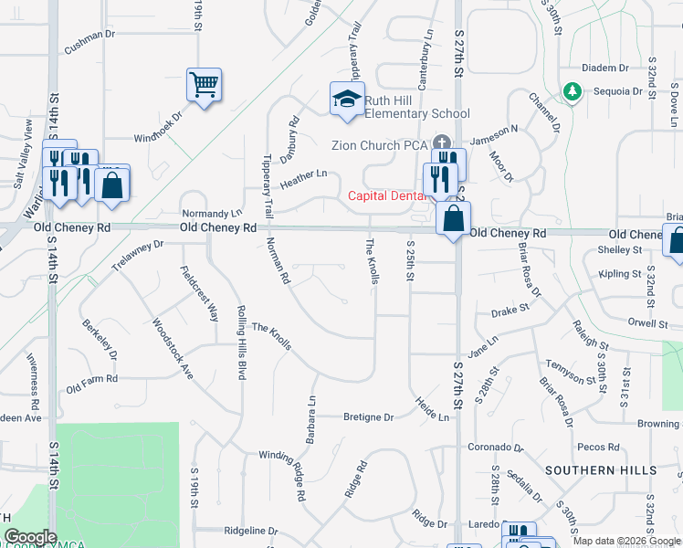 map of restaurants, bars, coffee shops, grocery stores, and more near 5910 Norman Road in Lincoln
