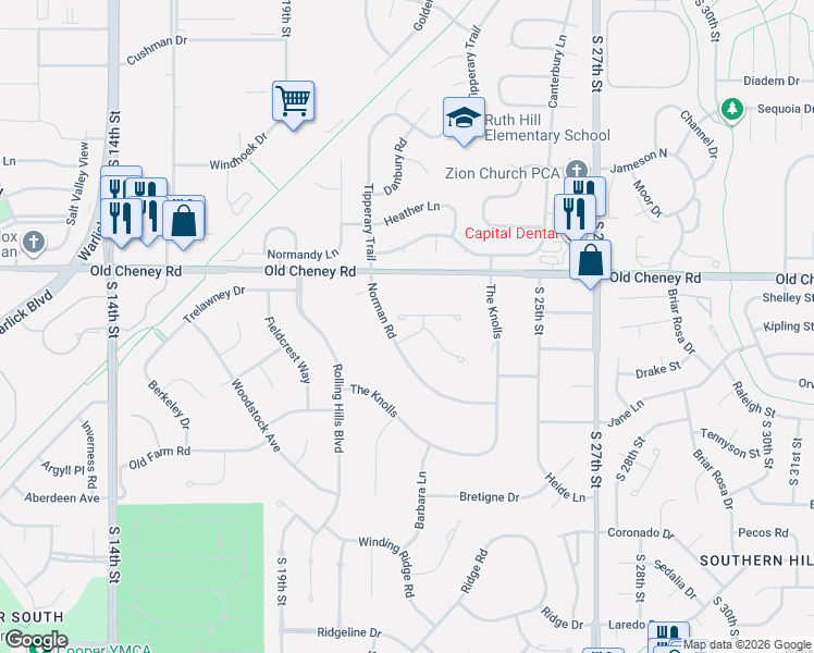 map of restaurants, bars, coffee shops, grocery stores, and more near 5900 Norman Road in Lincoln