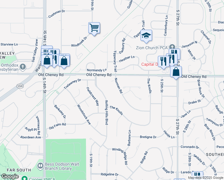 map of restaurants, bars, coffee shops, grocery stores, and more near 5909 Norman Road in Lincoln