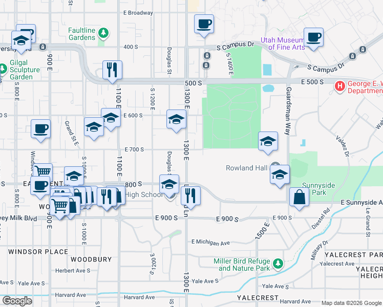 map of restaurants, bars, coffee shops, grocery stores, and more near 701 South 1300 East in Salt Lake City