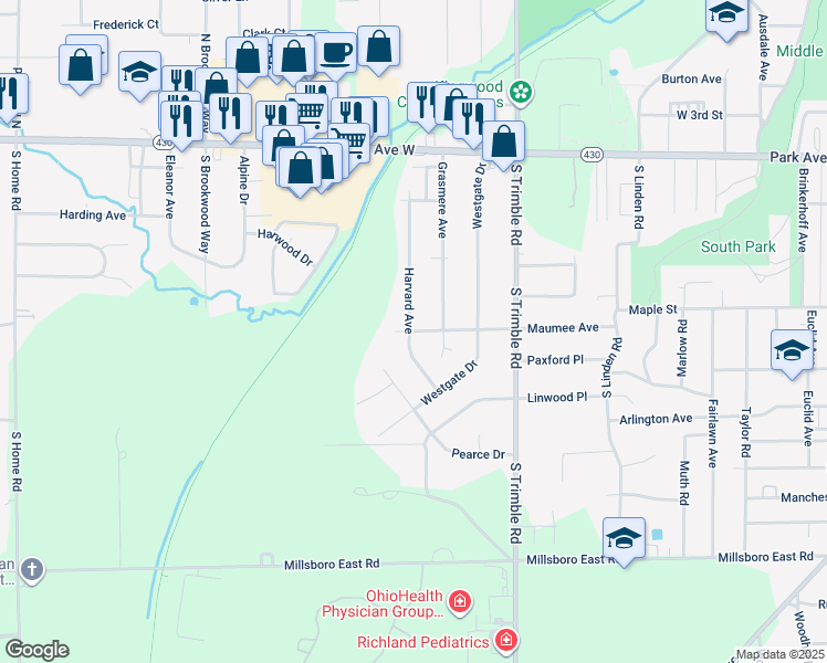 map of restaurants, bars, coffee shops, grocery stores, and more near 1110 Maumee Avenue in Mansfield