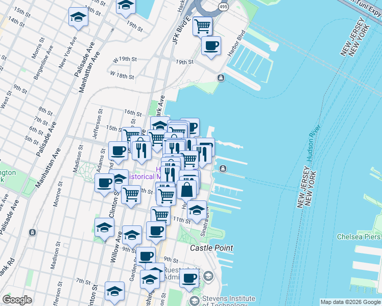 map of restaurants, bars, coffee shops, grocery stores, and more near in Hoboken