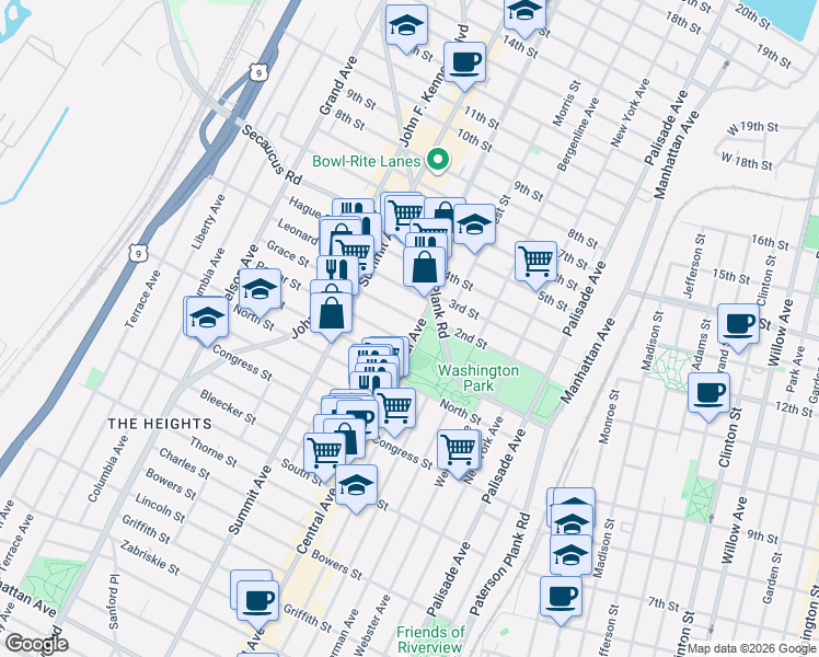 map of restaurants, bars, coffee shops, grocery stores, and more near 551 Central Avenue in Jersey City