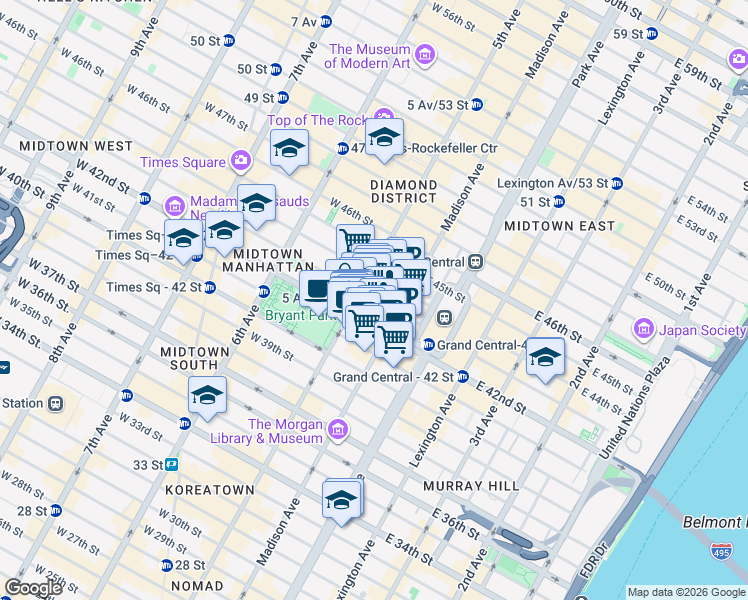 map of restaurants, bars, coffee shops, grocery stores, and more near 6 East 43rd Street in New York