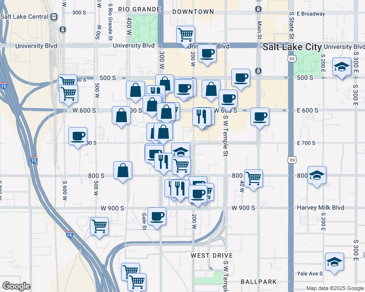 map of restaurants, bars, coffee shops, grocery stores, and more near 223 West 700 South in Salt Lake City