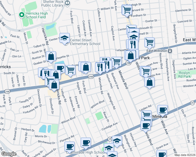 map of restaurants, bars, coffee shops, grocery stores, and more near 528 Liberty Avenue in Williston Park