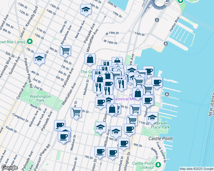 map of restaurants, bars, coffee shops, grocery stores, and more near 352 13th Street in Hoboken
