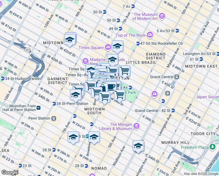 map of restaurants, bars, coffee shops, grocery stores, and more near 1065 6th Avenue in New York