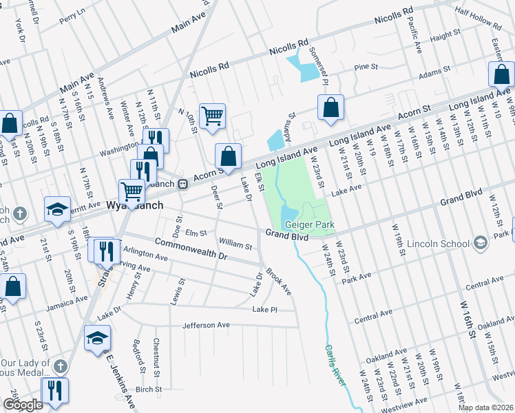 map of restaurants, bars, coffee shops, grocery stores, and more near 172 Lake Drive in Wyandanch