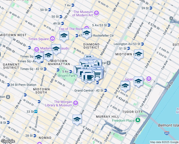 map of restaurants, bars, coffee shops, grocery stores, and more near 331 Madison Avenue in New York