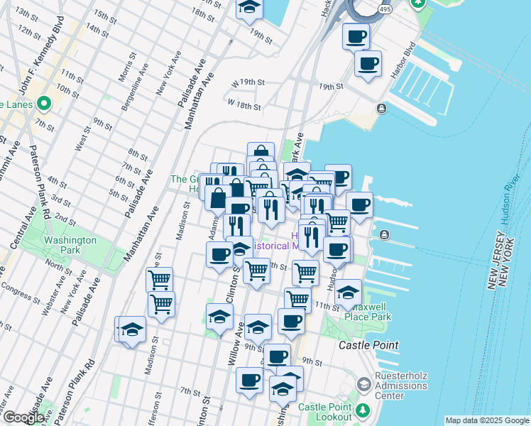 map of restaurants, bars, coffee shops, grocery stores, and more near 14th Street in Hoboken