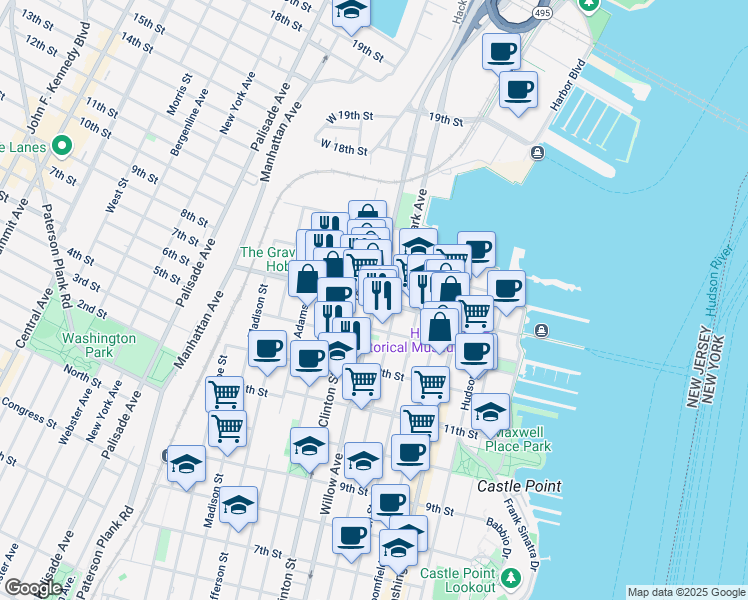 map of restaurants, bars, coffee shops, grocery stores, and more near 14th Street in Hoboken