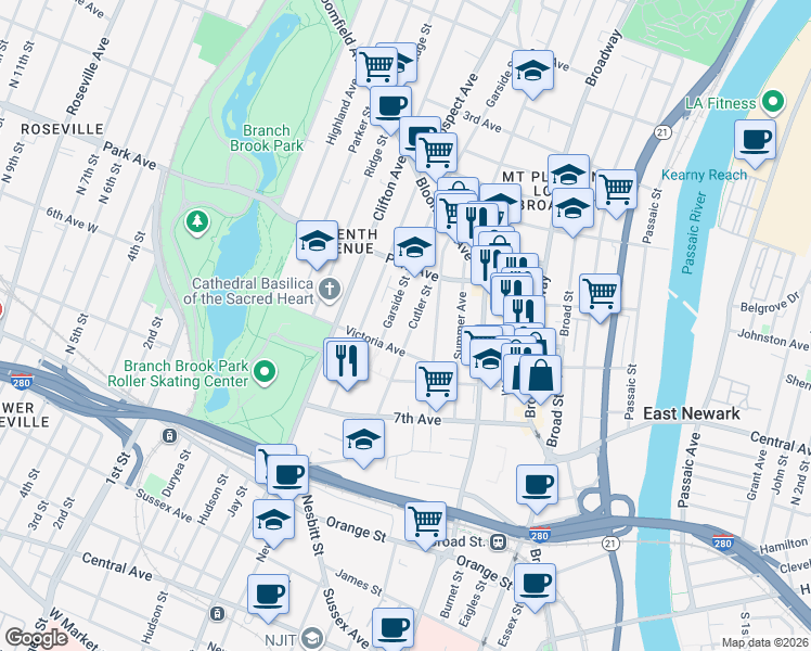 map of restaurants, bars, coffee shops, grocery stores, and more near 74 Cutler Street in Newark