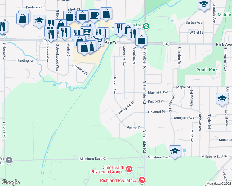 map of restaurants, bars, coffee shops, grocery stores, and more near 1110 Maumee Avenue in Mansfield
