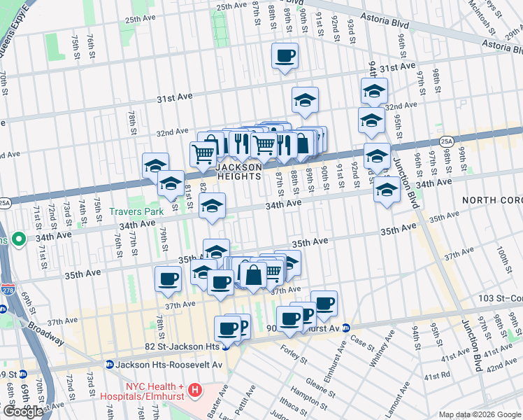 map of restaurants, bars, coffee shops, grocery stores, and more near in Queens