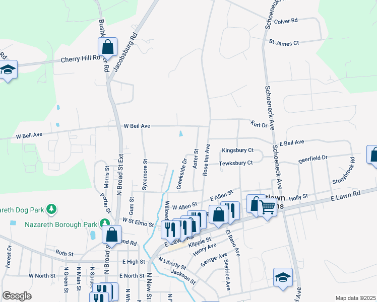 map of restaurants, bars, coffee shops, grocery stores, and more near 201 Creekside Drive in Nazareth
