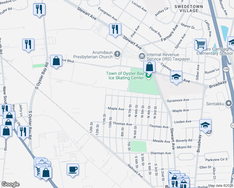 map of restaurants, bars, coffee shops, grocery stores, and more near 185 Sycamore Avenue in Bethpage