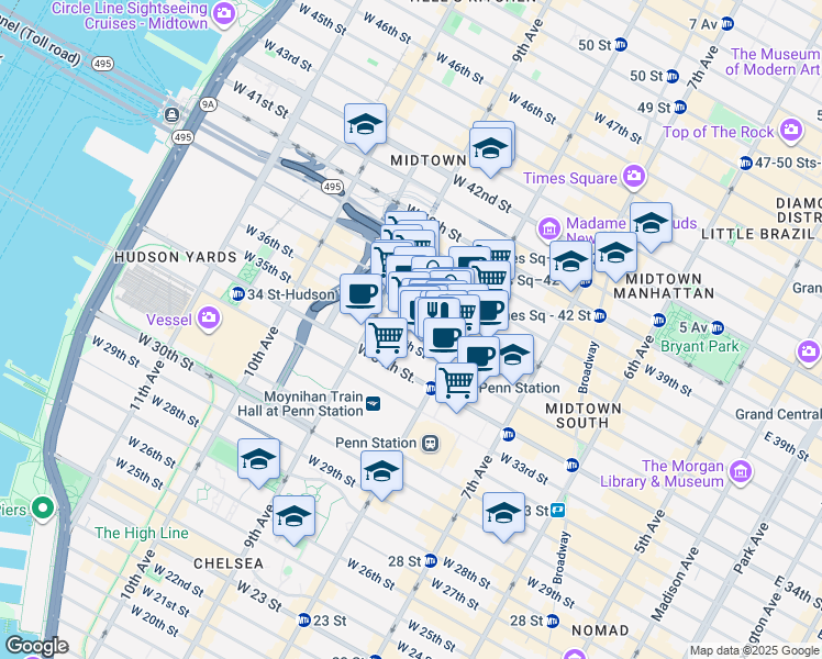 map of restaurants, bars, coffee shops, grocery stores, and more near 334 West 36th Street in New York