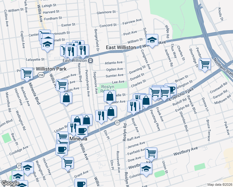 map of restaurants, bars, coffee shops, grocery stores, and more near 35 Roselle Street in Mineola