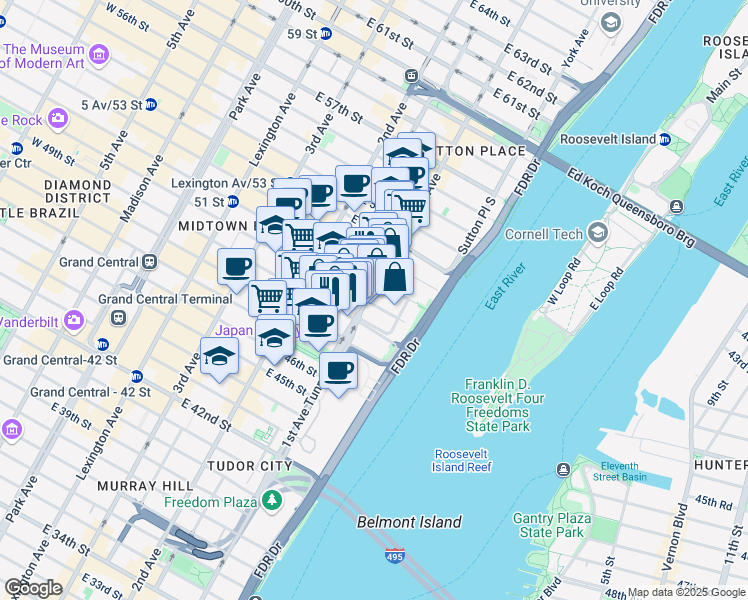 map of restaurants, bars, coffee shops, grocery stores, and more near 885 1st Avenue in New York