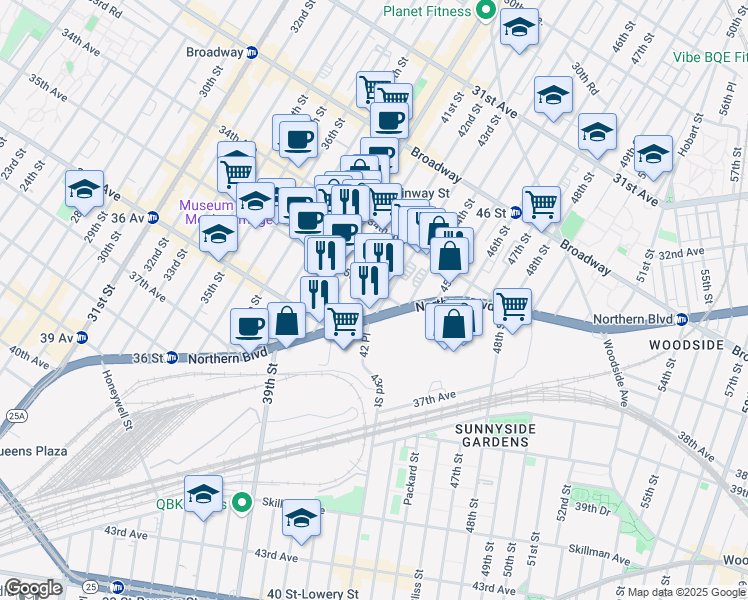 map of restaurants, bars, coffee shops, grocery stores, and more near 3510 43rd Street in Queens