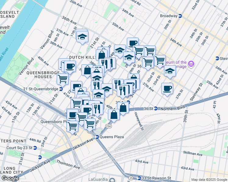 map of restaurants, bars, coffee shops, grocery stores, and more near 28-09 39th Avenue in Queens