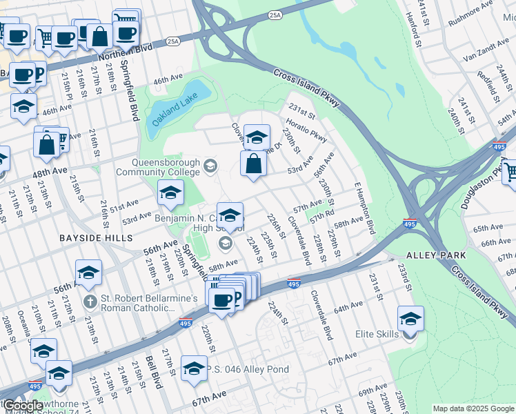 map of restaurants, bars, coffee shops, grocery stores, and more near 223-57 56th Road in Queens