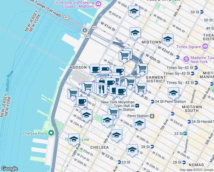 map of restaurants, bars, coffee shops, grocery stores, and more near 343 11th Avenue in New York