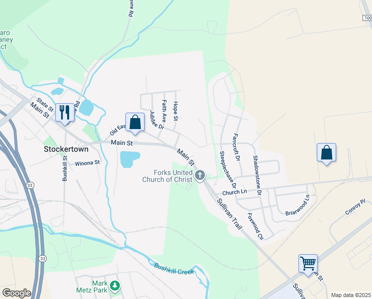 map of restaurants, bars, coffee shops, grocery stores, and more near 27 Main Street in Easton