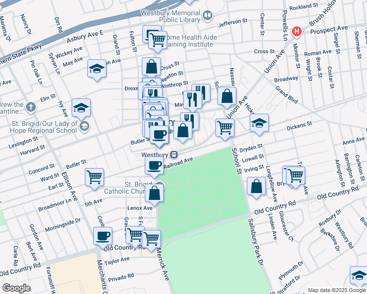 map of restaurants, bars, coffee shops, grocery stores, and more near 362 Union Avenue in Westbury