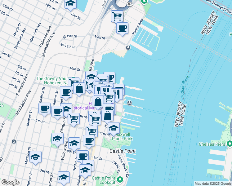 map of restaurants, bars, coffee shops, grocery stores, and more near in Hoboken