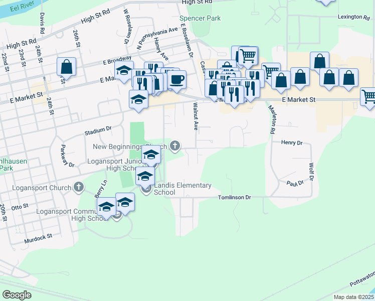 map of restaurants, bars, coffee shops, grocery stores, and more near 3303 Maplewood Drive in Logansport