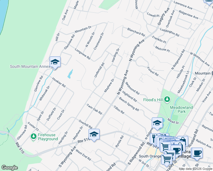 map of restaurants, bars, coffee shops, grocery stores, and more near 175 Mayhew Drive in South Orange