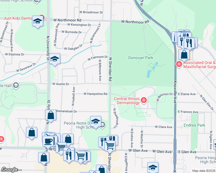 map of restaurants, bars, coffee shops, grocery stores, and more near 5410 North Sheridan Road in Peoria