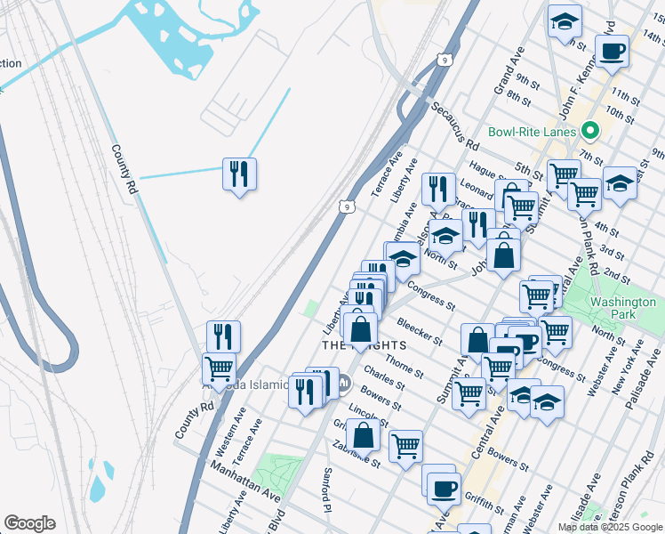 map of restaurants, bars, coffee shops, grocery stores, and more near 217 Terrace Avenue in Jersey City