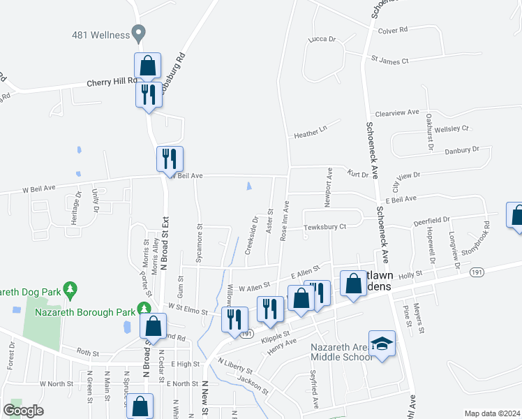 map of restaurants, bars, coffee shops, grocery stores, and more near 201 Creekside Drive in Nazareth