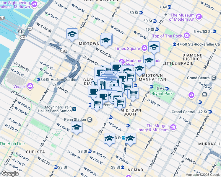 map of restaurants, bars, coffee shops, grocery stores, and more near 227 West 37th Street in New York