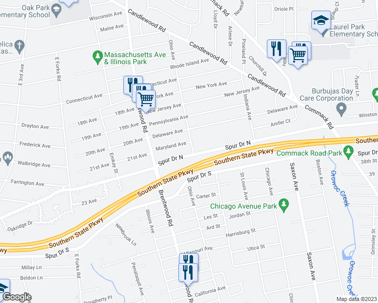 map of restaurants, bars, coffee shops, grocery stores, and more near 879 Spur Drive North in Bay Shore