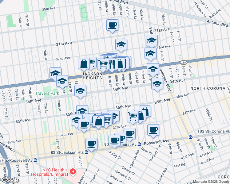 map of restaurants, bars, coffee shops, grocery stores, and more near in Queens
