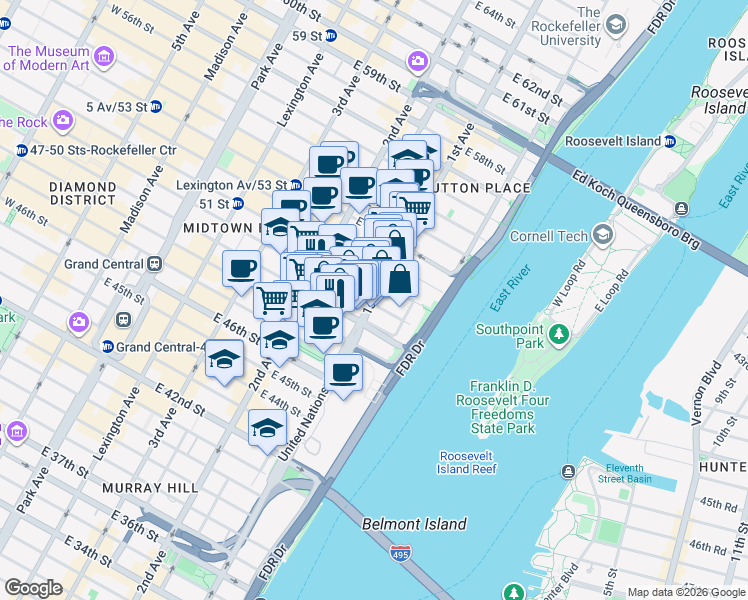 map of restaurants, bars, coffee shops, grocery stores, and more near 885 1st Avenue in New York
